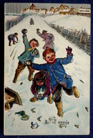 Antik dombornyomott  Újévi üdvözlő képeslap arany csizmában hógolyózó gyerekek téli táj