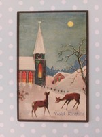 Régi karácsonyi képeslap 1935 levelezőlap őzike templom havas táj