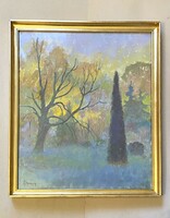 Marked landscape oil painting on canvas in a golden wooden frame 60 x 70 cm