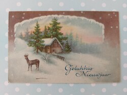 Old postcard 1938 New Year postcard deer snowfall