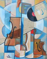Still life with double bass and vinyl record - collage