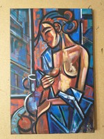 Piotr Sujka - "Fürdés után" 40 x 60 cm, lakkozott, olaj, vászon