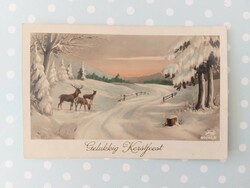 Régi képeslap karácsonyi levelezőlap őzike havas erdő