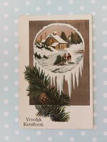 Régi képeslap karácsonyi levelezőlap fenyőág toboz havas táj
