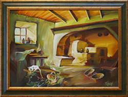 Ferenc Fassel-L'ousa (1915-2009) Farmhouse kitchen - with frame 64x84 cm - artwork 50x70 cm