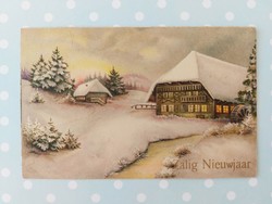 Old postcard 1935 Christmas postcard snowy landscape stream watermill