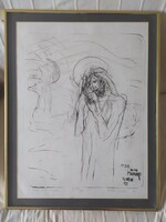 Kondé László-  Jesus with flokwer ritkább nagyméretű linó, eredeti keretében, szignózott, 67 x 51 cm