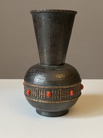 Retro copper industrial art vase inlaid with red decorations 20.5 Cm