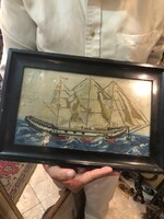 XIX. Century needle tapestry, sailing ship, size 20 x 36 cm.
