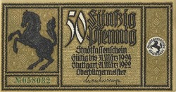 50 pfennig 1922 Stuttgart UNC zöld sorszám