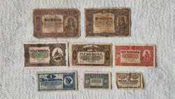 Post-Trianon 1920 Hungarian crown row: 20f, 50f, 1, 2, 10, 20, 50, 100 (vf-g) | 8 banknotes