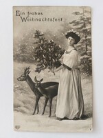 Régi karácsonyi képeslap 1909 női fotó levelezőlap őzikék
