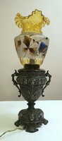 Antik asztali lámpa, különleges üvegbúrával, rokokó stílusú talpazattal