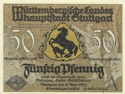 50 pfennig 1921 Stuttgart UNC "A" jelű barna sorszám