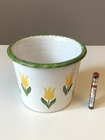 White glazed ceramic pot with yellow tulip flower decoration