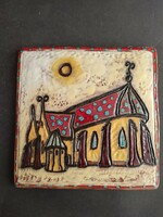 Retro industrial artist ceramic wall plaque with church - ep