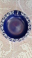 Signed industrial art deep blue ceramic ashtray with white embossed pattern, hand painted, 3 cm x 13.5 cm