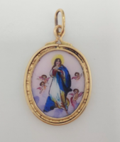 339T. 1Ft-ról Szűz Mária porcelán medál 14karátos arany keretben