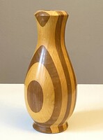 Turned retro wooden vase with an organic circular pattern made of multi-colored wood 23 cm.