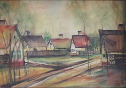 István Mizsei: village picture, watercolor, 1983, 47 x 34 cm