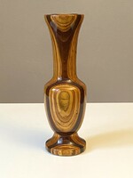 Turned retro wooden vase with an organic circular pattern made of multi-colored wood 24.5 cm.