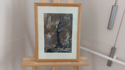 (K) Magányos fa festmény + absztrakt kompozíció 33x43 cm kerettel