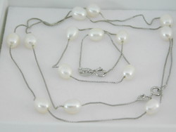 Valódi fehér gyöngy nyaklánc és karkötő ezüst láncokon