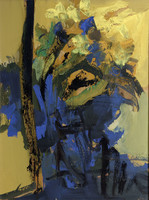 Bényi Árpád (1931-2006) Ablak és Virág 80x60cm | Sárga és Kék Absztrakt Csendélet Virágcsendélet