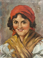 Szőllősy János (1884-?) Piros kendős nő (Erzsike), 1943 /olaj-vászon/ (számlát adunk)