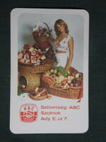 Card calendar, association abc store, Szolnok, Béke mgtsz, zagyvérekas, erotic female model, 1982