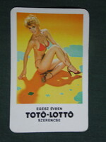 Card calendar, totó lottery, erotic female model, judge ica, 1982