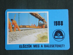 Card calendar, máv railway, accident prevention, rail railway construction assembly, 1988