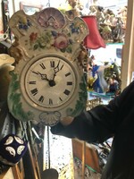 Wall clock, antique, with porcelain face, 2 heavy, working, 24 cm.