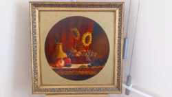 (K) gyönyörű csendélet festmény Bujdosó Lajos 72x72 cm kerettel