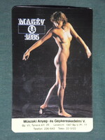 Card calendar, core year machine trading company, Budapest, erotic female nude model, 1985
