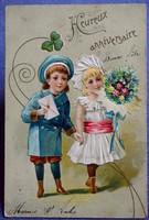 Antik szecessziós dombornyomott üdvözlő képeslap - gyerekek , virágcsokor, 4levelű lóhere 1904ből