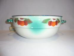 Old, cherry-patterned enamel bowl with a foot - for folk decoration - 