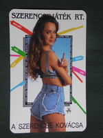 Kártyanaptár, Totó Lottó szerencsejáték, erotikus női modell, 1992