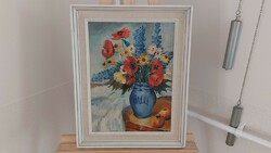 (K) Szép szignózott virágcsendélet festmény 39x48 cm kerettel