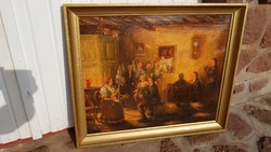 BIHARI Nívósan restaurált festmény életkép olaj vászon 64x77 cm aranyos képkeretben külm: 71x83 cm