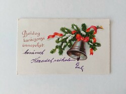 Old mini postcard 1936 Christmas greeting card pine branch bell