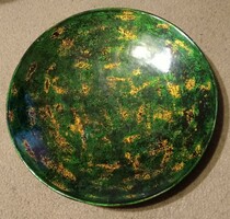 Dekoratív zöld-arany mintás lakkozott fa tál  - 34,5 cm