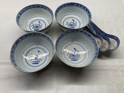 Chinese rice grain bowls + spoon, with blue-red-gold decoration.