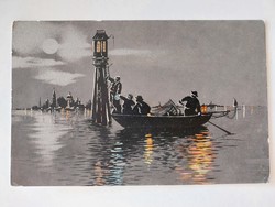 Régi képeslap művészeti levelezőlap világító torony csónak