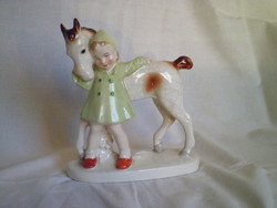 Régi Német figurális porcelán, kislány lóval, kis csikóval