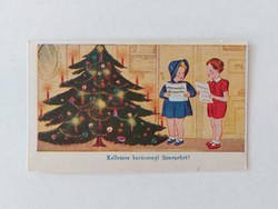 Régi mini képeslap karácsonyi üdvözlőkártya karácsonyfa gyerekek