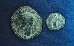 Claudius (41-54)!!! As (Minerva pajzzsal) és Quadrans | 2 db római bronz érem