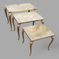 Baroque copper side tables with onyx and marble tops