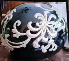 Antik Art Deco fekete porcelán/kerámia váza ezüst rátéttel (25 x 20,5 cm)