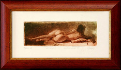 Gulyás László: Reclining nude - framed 21x35 cm - artwork 8x22 cm